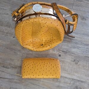 Yellow Ostrich Leather Round Bag and Wallet Set